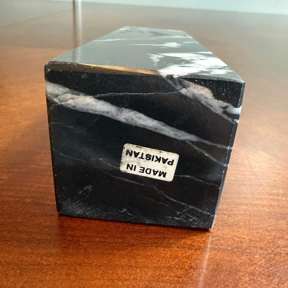 Vintage Black Marble Obelisk Desk Clock Roman Numeral Quartz Pakistan 6 Inch